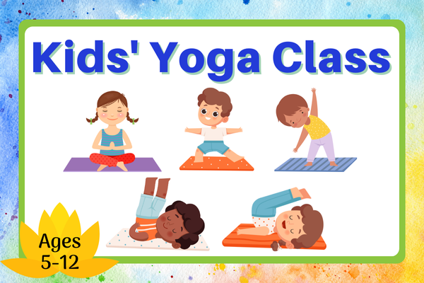 kids' yoga class, ages 5-12, children doing different yoga poses